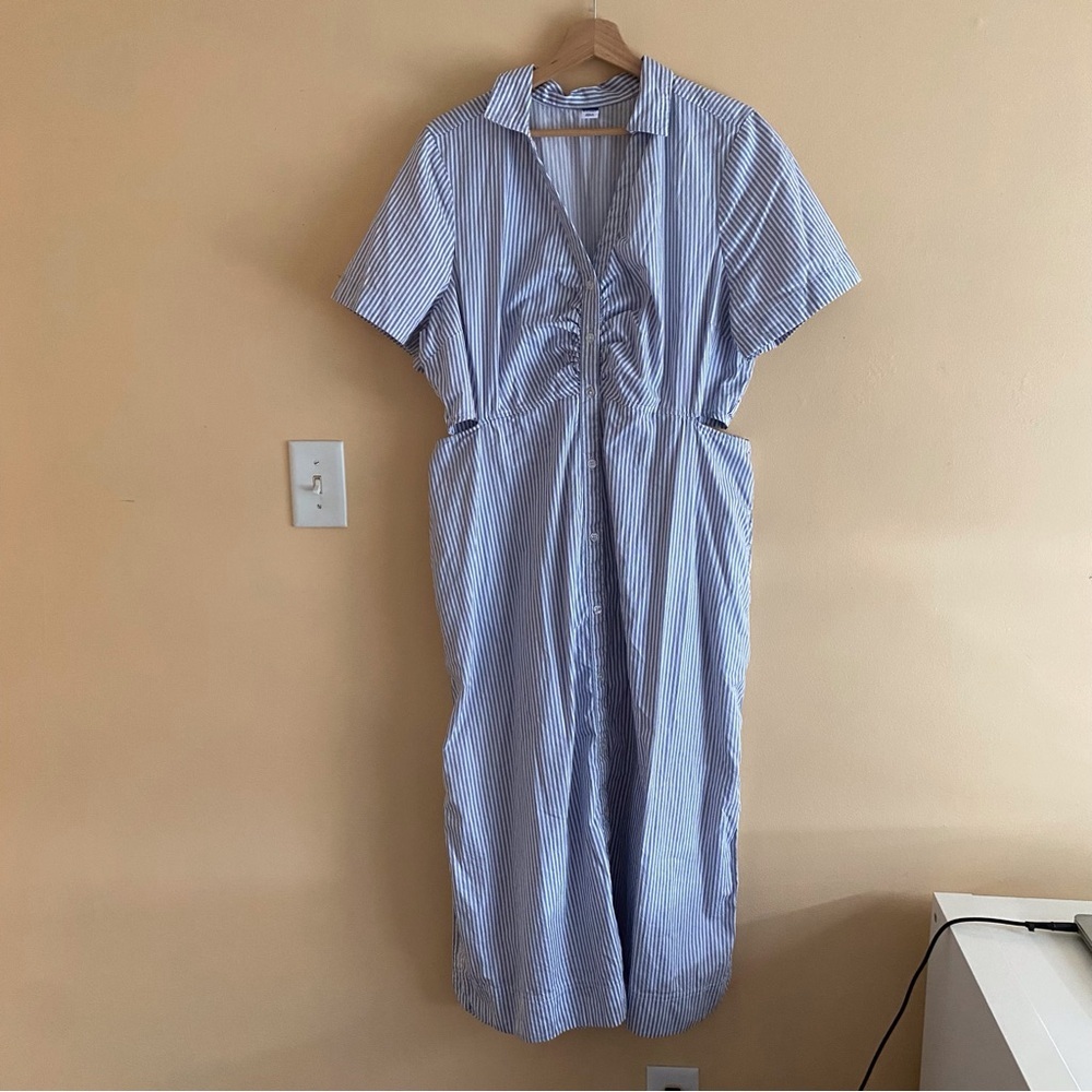 Old Navy Blue and White Striped Midi Shirt Dress with Side Cutout - Picture 2 of 14